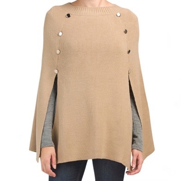 modena Jackets & Blazers - Modena Chic One Size Crew Neck Knit Pullover Cape in Light Caramel Tan